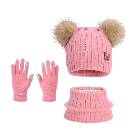 Girl Winter Hat Gloves Scarf Set, Warm Hat Gloves Knit Lined Neck Warmer for Ages 4-10 Years Boys Girls