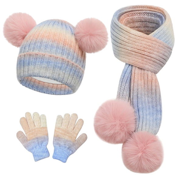 Girl Winter Hat Gloves and Scarf Set, Warm Lined Beanie Knit Scarf Mittens Set Christmas Gift for Ages 3-10 Years Boys Girls