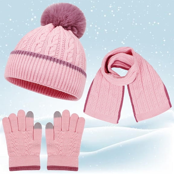 Girl Winter Hat Scarf Glove Set, Knitted Lined Beanies Cap for Boys Girls