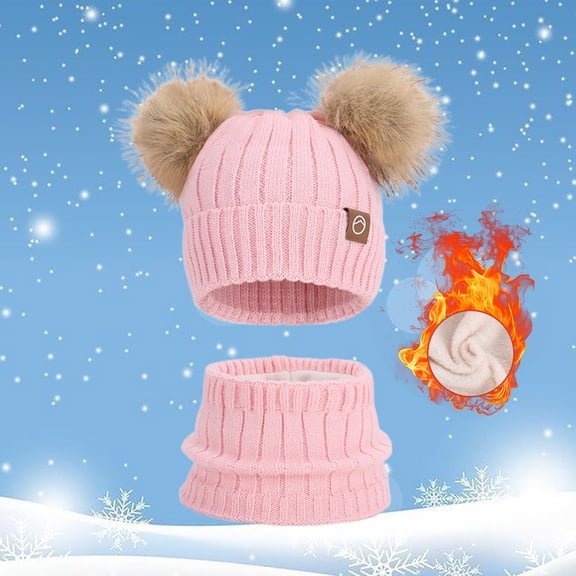 Girl Winter Hat Scarf Set, Knitted Beanie Hat Lined Neck Warmer Set for Ages 4-10 Years Girls Boys