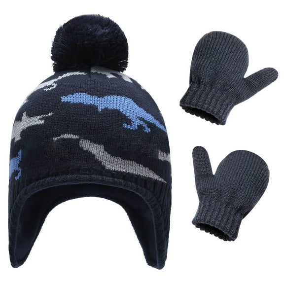 Girl Winter Hat with Ear Flaps Gloves Set, Warm Beanie Hats Knitted Cap for Ages 4-6 Years Girls Boys