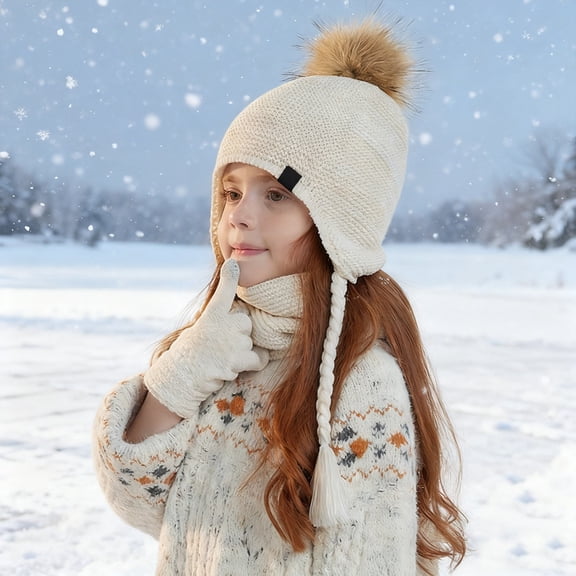 Girl Winter Hat with Ear Flaps Gloves and Scarf Set, Children Beanies Hats Warm Lined Beanie for 4-10 Years Girls Boys