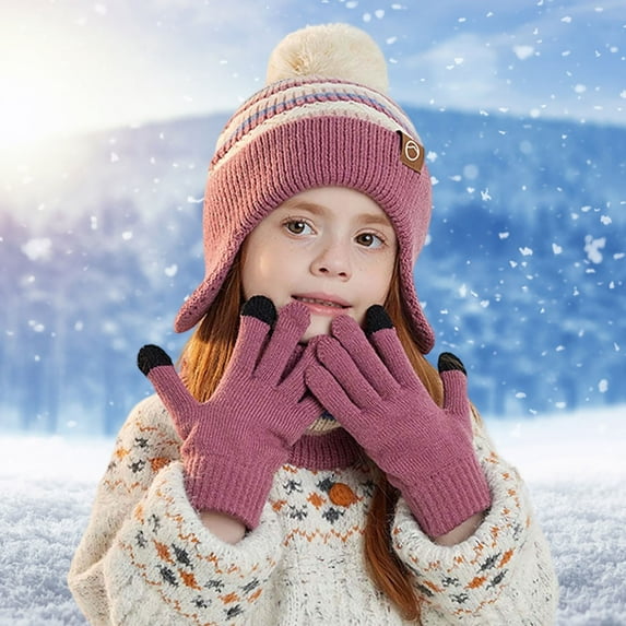 Girl Winter Hat with Ear Flaps Gloves and Scarf Set, Knitted Beanie Hat Lined Neck Warmer Mittens Set for Ages 4-10 Years Boys and Girls