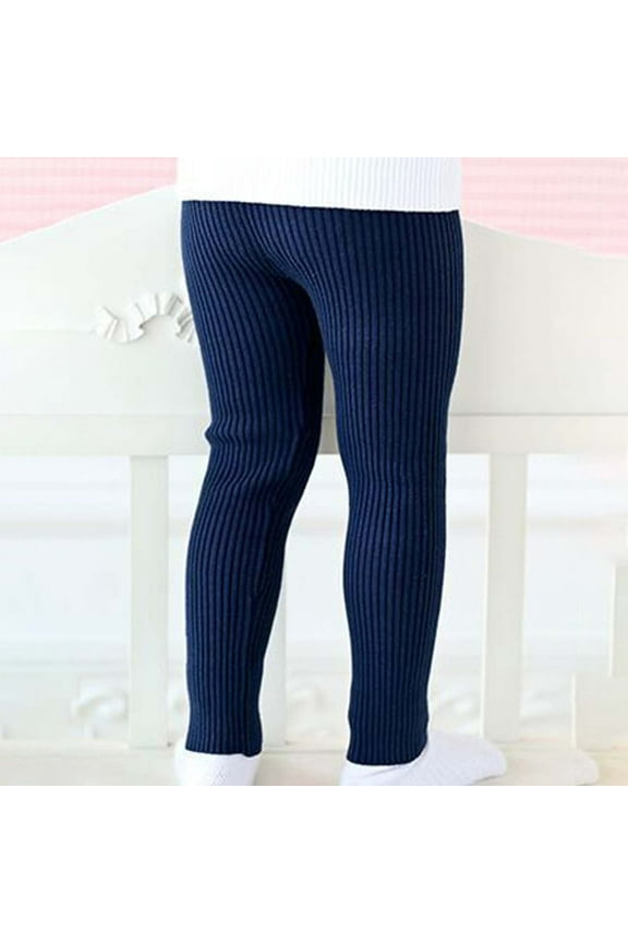 Girl Winter Leggings Soft Cotton Ribbed Knit Pants Socks Footless Tights Stretch Ankle Length Stockings (6 Years, Navy)
