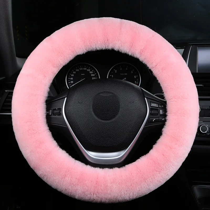 Girl Winter Real Sheepskin Wool Car Steering Wheel Cover Women Girl Pink Universal Fit Warm Winter 36-39cm Wheel Car Decoration
