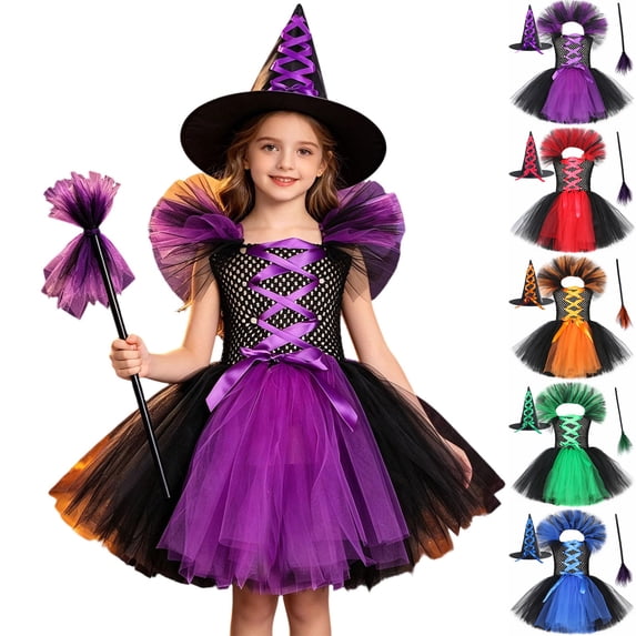 Girl Witch Tulle Dresses Hats Witch Set Halloween Kids Dress up Party Girls Size 1-12 Years