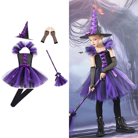 Girl Witch Tutu Dress Witch Horns Outfit Halloween for Kids 5-6 Years Halloween Dress Up
