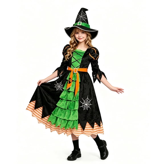 Girl Witch Halloween Costume, Kids Witch Dress with Witch Hat, Halloween Cosplay Party Fancy Dress Outfit for Girls
