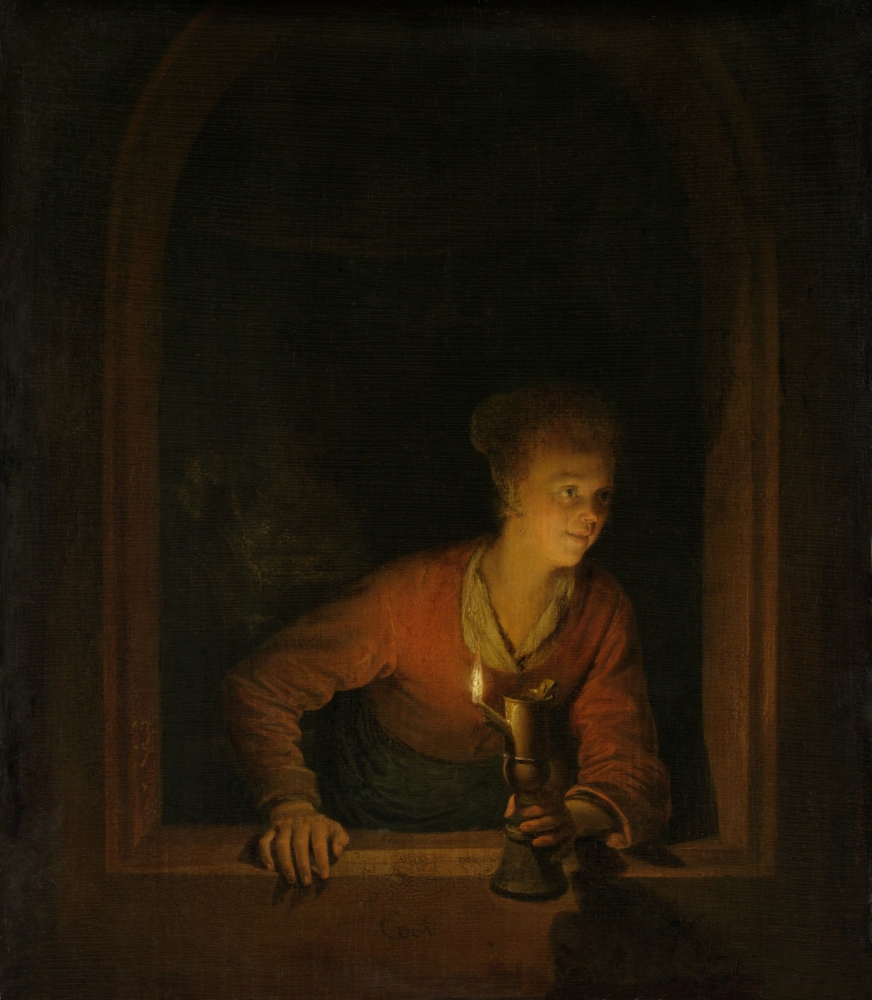 Girl With An Oil Lamp At A Window Canvas Art -  (18 x 24)