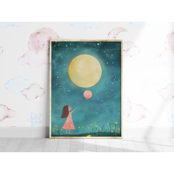 Girl With Balloon Print Nursery Moonlight Wall Art Pastel Child Room Decor Colorful Playroom, Unframed Paper Poster 8x10in