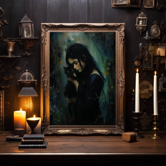 Girl With Black Cat Poster, Dark Academia Art, Moody Art Poster, Pretty Whimsigoth Wall Art, Black Cat Lover,, Stretched Canvas Size 12x18