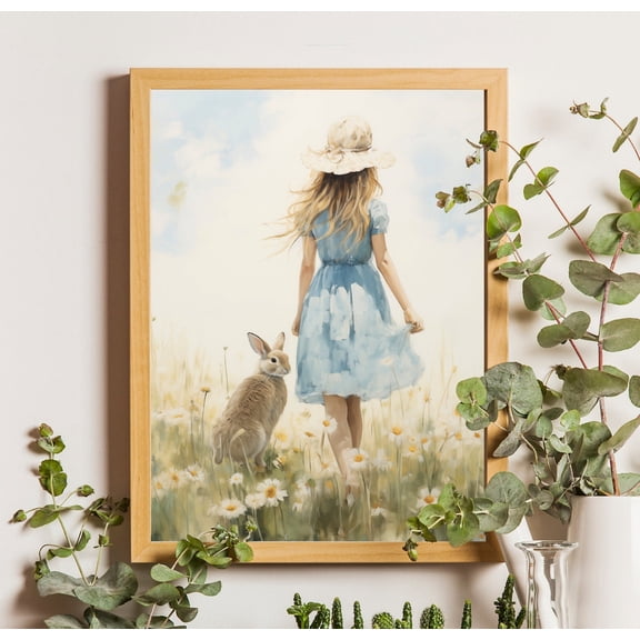 Girl With Bunny Print: Spring Meadow, Cottage Easter Decor #2713, Stretched Canvas Size 8x12