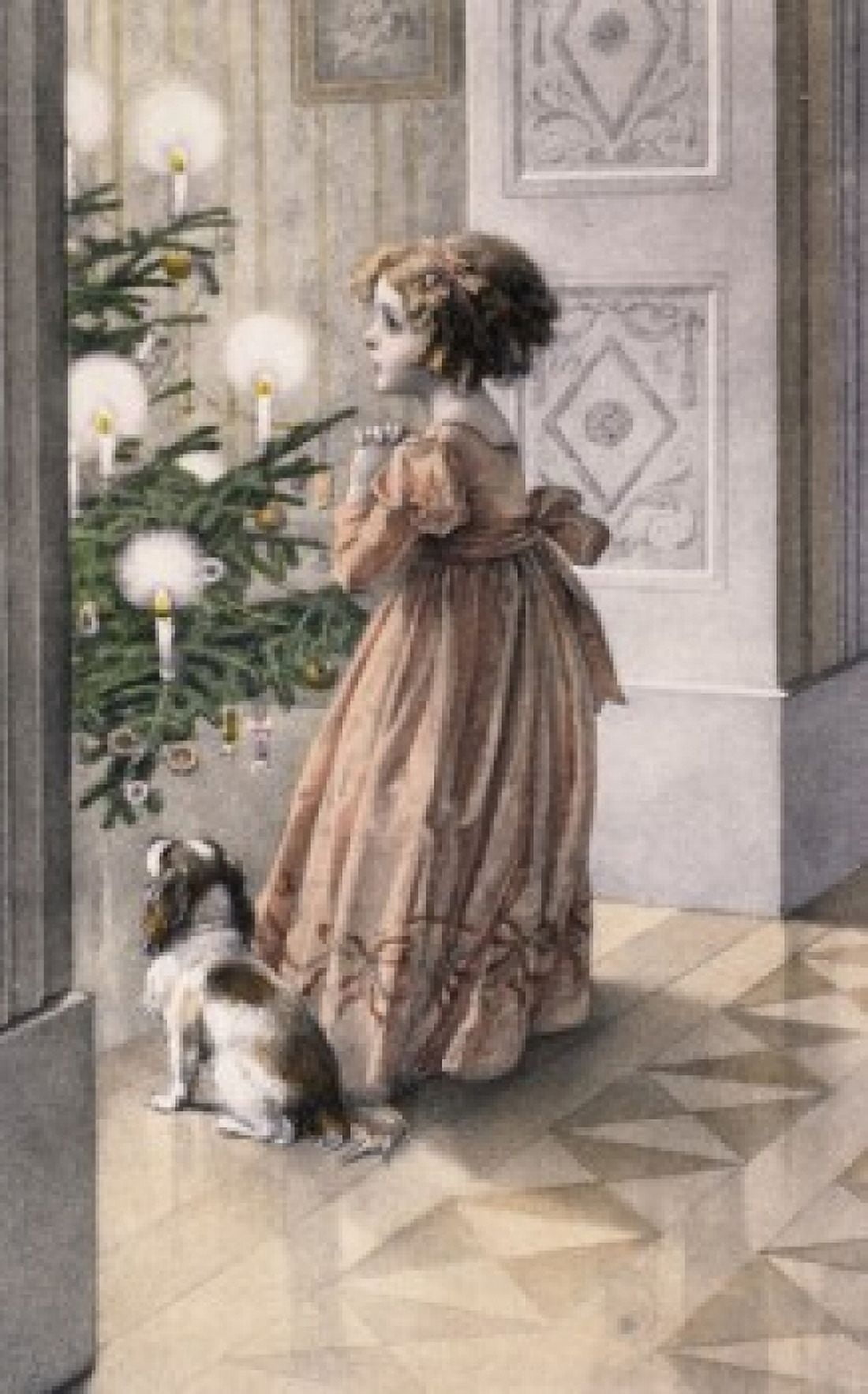 Girl With Dog In Front Of Christmas Tree Nostalgia Cards Canvas Art - (18 x 24)