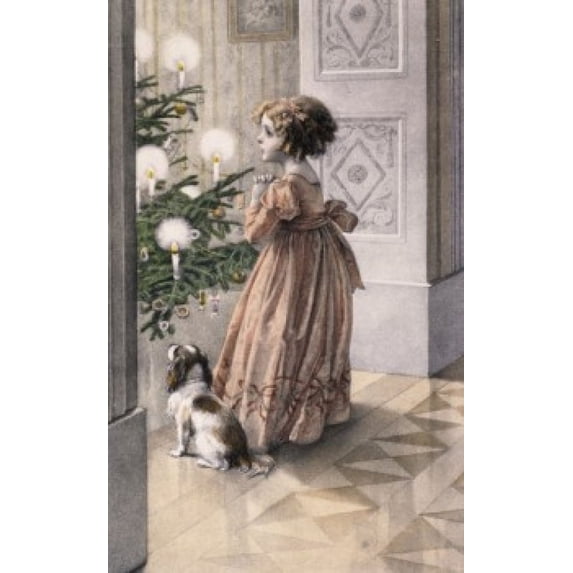 Girl With Dog In Front Of Christmas Tree , Nostalgia Cards Poster Print (24 x 36)