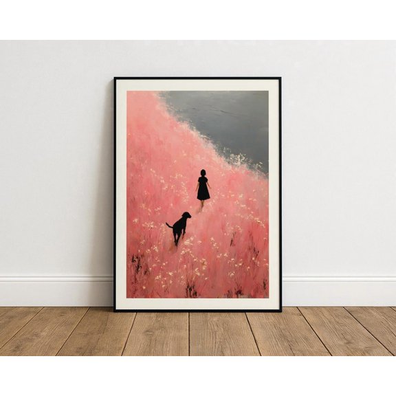 Girl With Dog Pink Meadow Print Dreamy Minimal Landscape Wall Art
