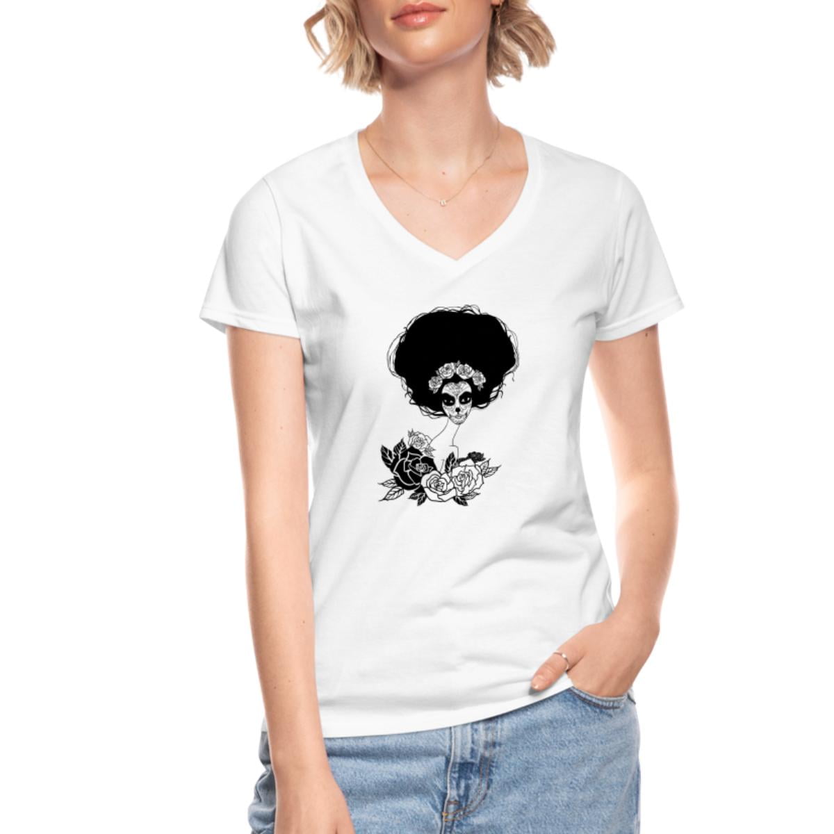 Girl With Flowers Black Women's V-Neck T-Shirt - Walmart.com