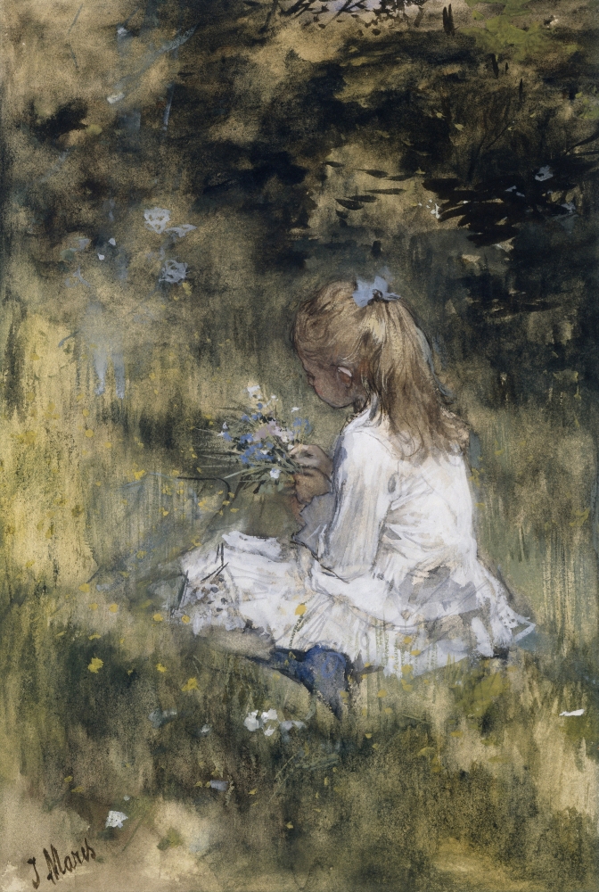 Girl With Flowers On The Grass Canvas Art - (24 x 36)