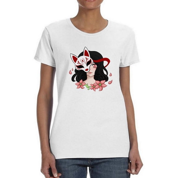 Girl With Fox Spirit Mask T-Shirt Women -Smartprints Designs, Female Large