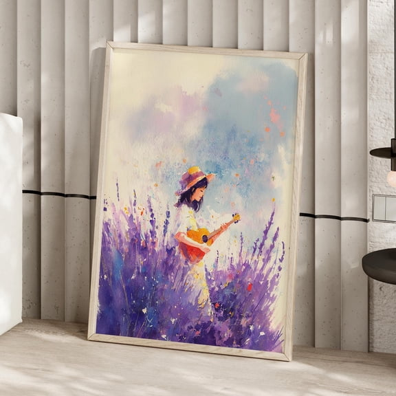 Girl With Guitar In Lavender Field Playing Ukulele Music Purple Flower Landscape Cottagecore, Unframed Poster