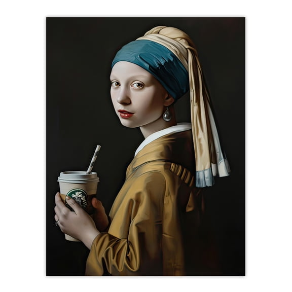 Girl With Pearl Earring Coffee Remake Painting Kitchen Large Wall Art Poster Print Thick Paper 18X24 Inch
