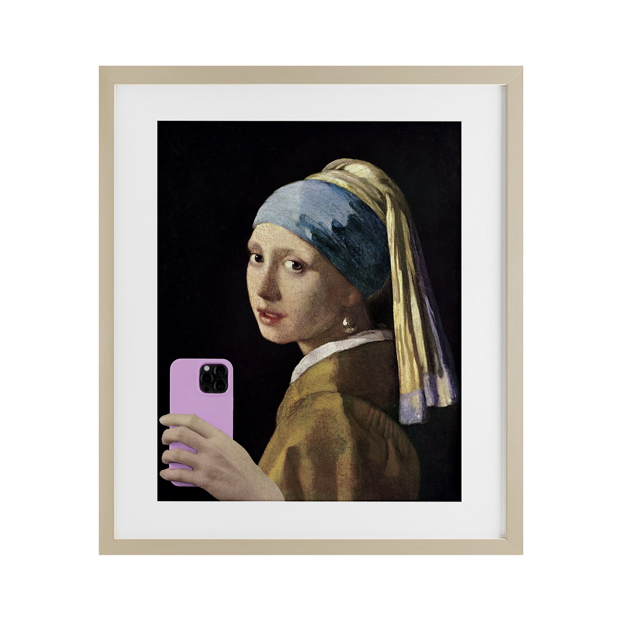 Girl With Pink Phone Funny Birch Framed Print Under Glass, design by Masters Redux