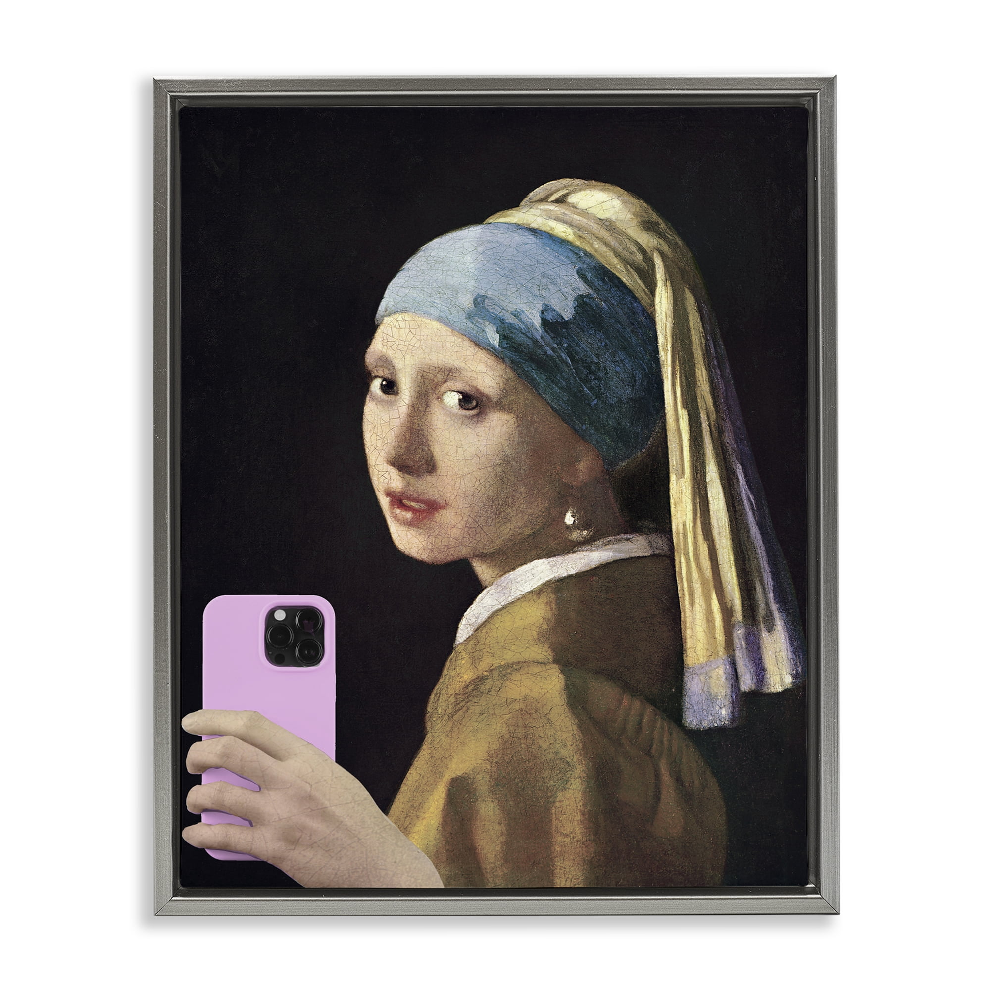 Girl With Pink Phone Funny Gray Framed Floater Canvas Wall Art, design by Masters Redux