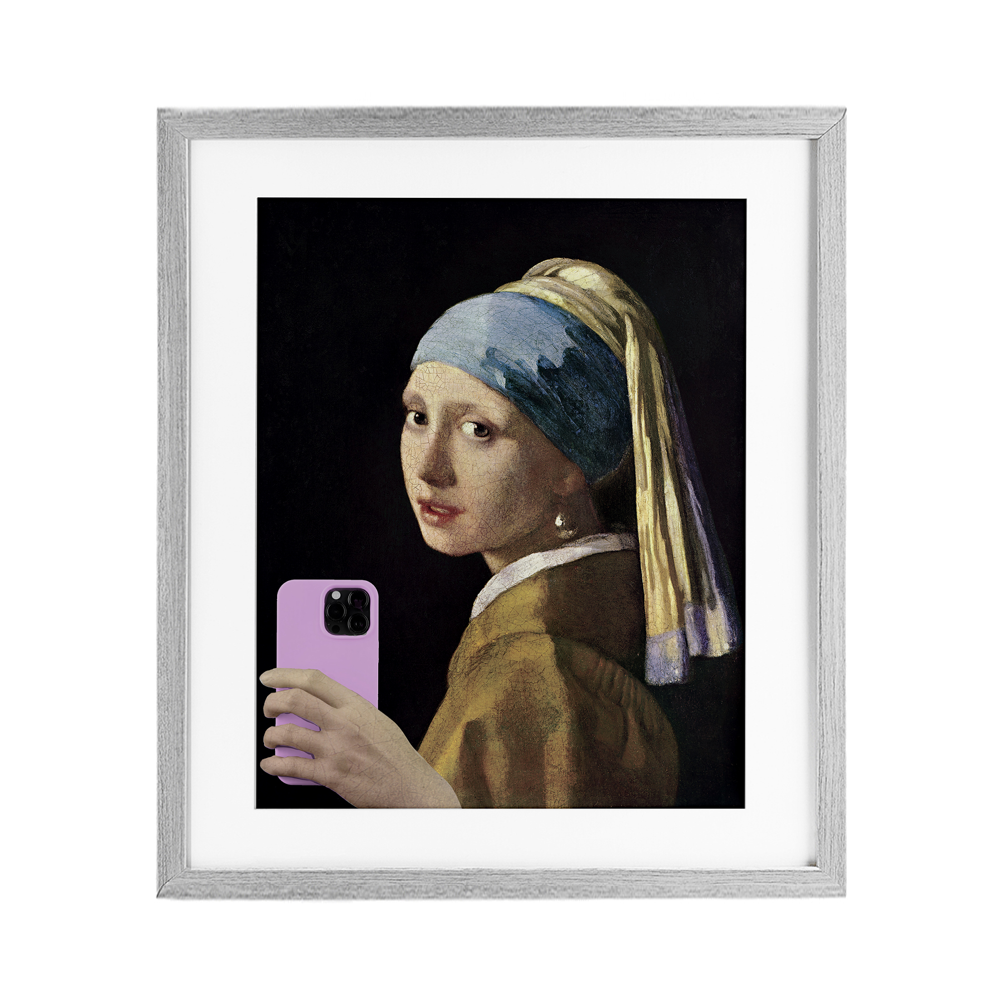 Girl With Pink Phone Funny Gray Framed Print Under Glass, design by Masters Redux