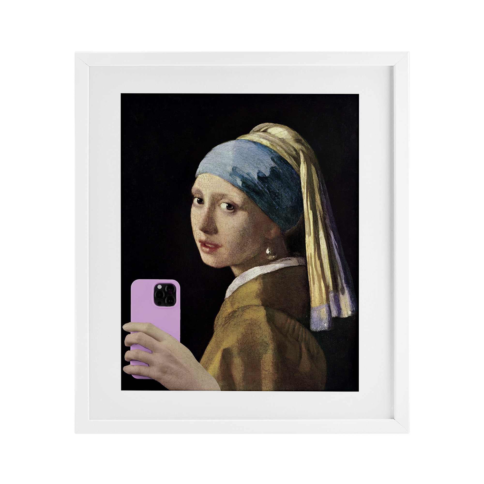 Girl With Pink Phone Funny White Framed Print Under Glass, design by Masters Redux