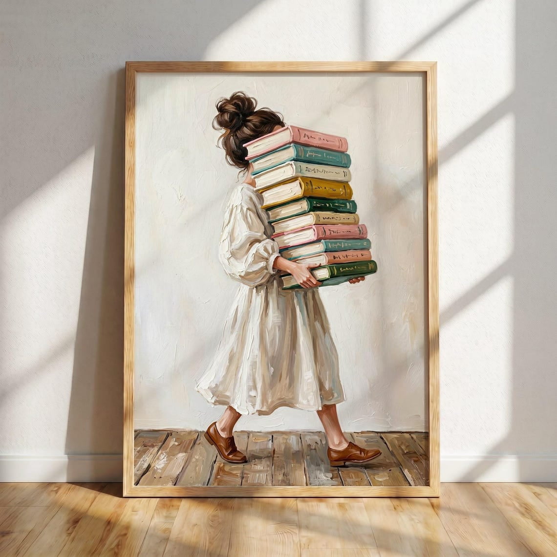 Girl With Stack Of Books Poster, Lover, Bookish, Cute Reading, Bookworm ...
