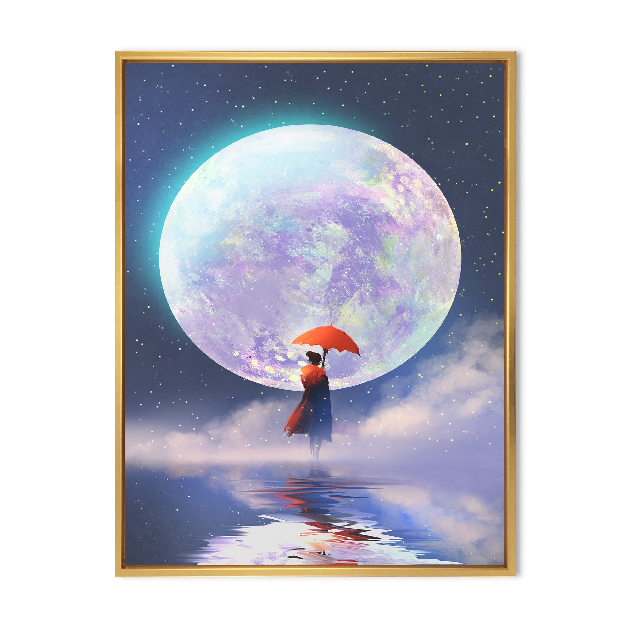 Girl With Umbrella Standing On Water Against Moon 12 in x 20 in Framed Painting Canvas Art Print, by Designart