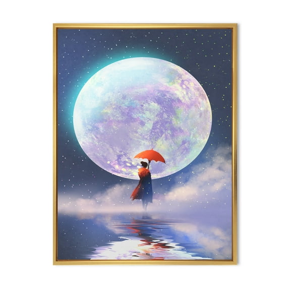 Girl With Umbrella Standing On Water Against Moon 12 in x 20 in Framed Painting Canvas Art Print, by Designart