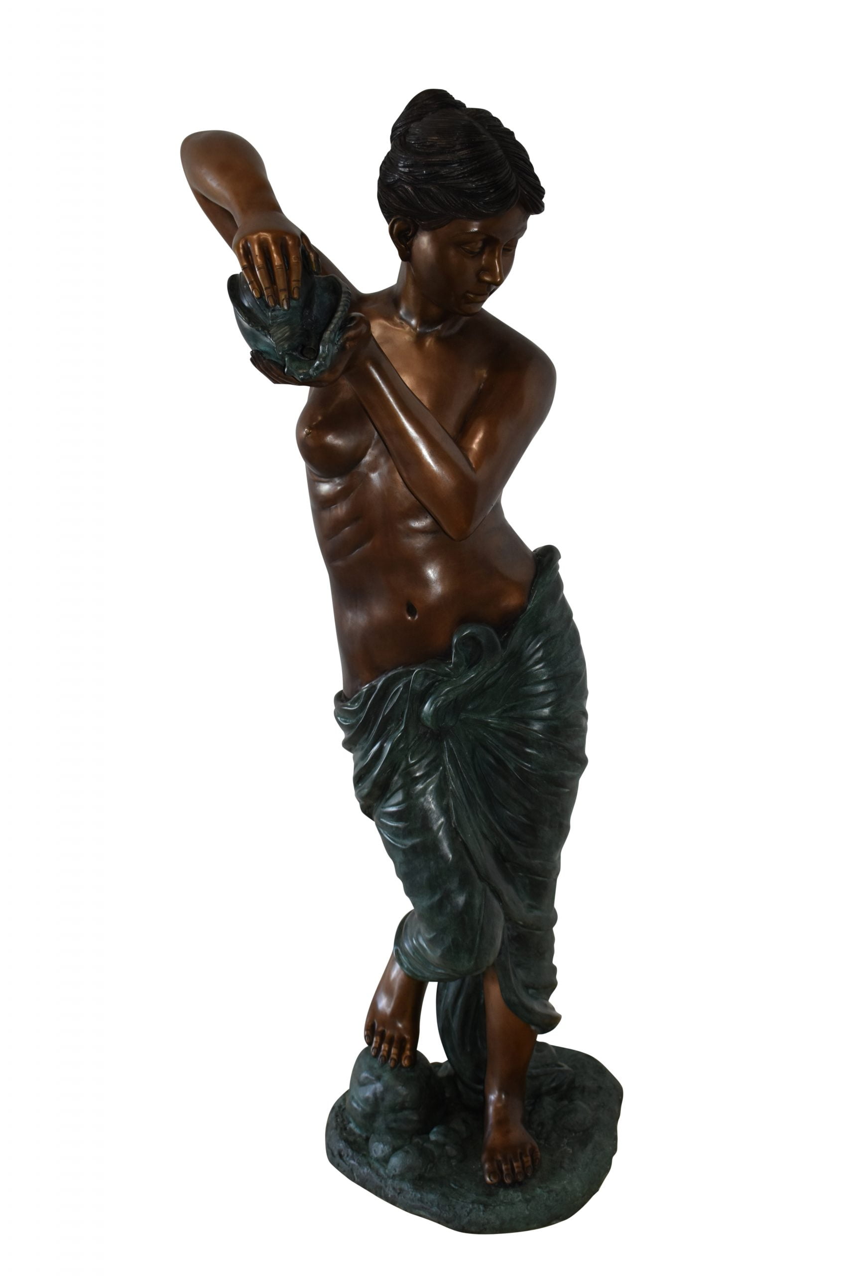Nifao Girl With a Shell Fountain Bronze Statue – Outdoor Garden Decor Sculpture, 18"L x 19"W x 52"H