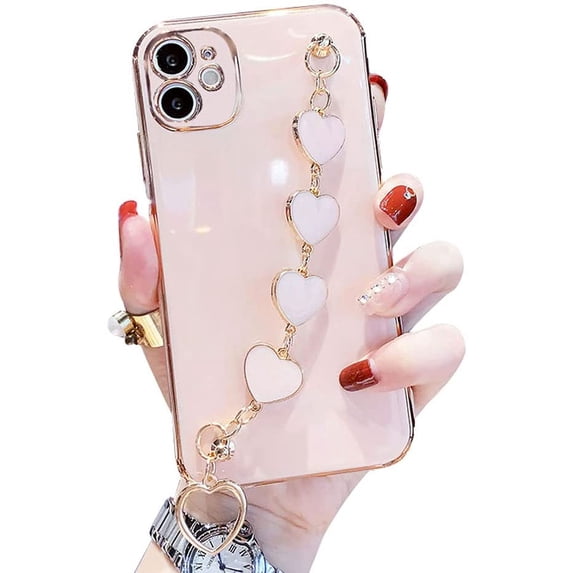 Girl Women Gold Electroplated Outlines with TPU Back Shell Phone Case + Hearts Chain, Compatible with iPhone 12 Pro Max, Full Body Protection (Scratch-resistant & Shockproof) - Pink
