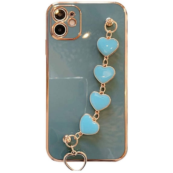 Girl Women Gold Electroplated Outlines with TPU Back Shell Phone Case + Hearts Chain, Compatible with iPhone 13, Full Body Protection (Scratch-resistant & Shockproof) - Grey