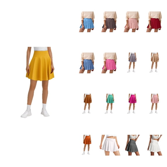 Girl Womens High Waisted Pleated Skirt A-Line Yellow Mini Skirt School Uniform Skater Tennis Skirts