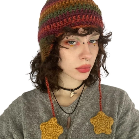 Girl Y2K-theme Party Hat Knitted Hat Hat Thicken Devil Hat Striped Hat with Star Photo