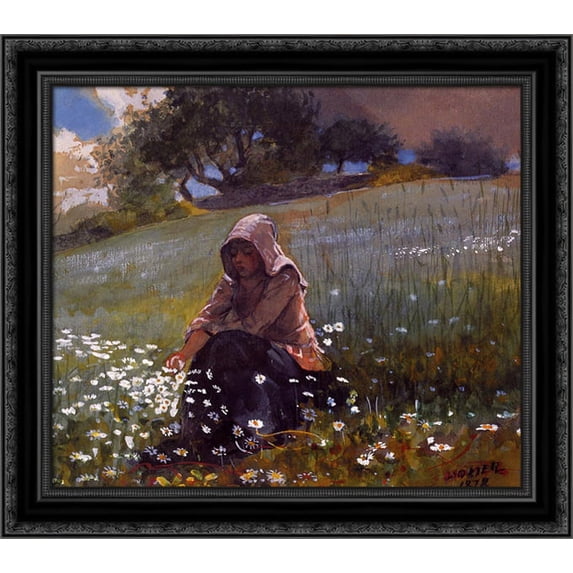 Girl and Daisies 22x20 Black Ornate Wood Framed Canvas Art by Homer, Winslow