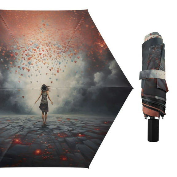Girl and Floating Hearts Compact Sun Umbrella Windproof Travel Umbrellas for Rain Strong Portable UV Protection