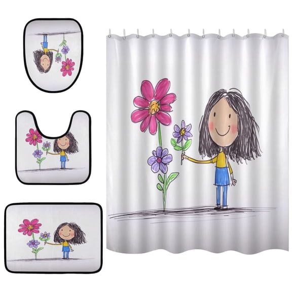 Girl and Flowers 4 Piece Bathroom Set Waterproof Bath Curtain Anti-Slip Mats and Toilet Pad Practical and Affordable 66x72in Curtain