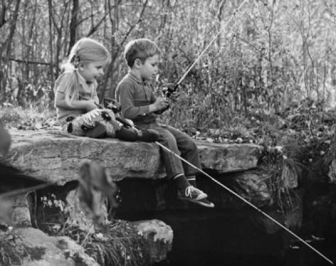 Girl and her brother fishing Canvas Art - (18 x 24)