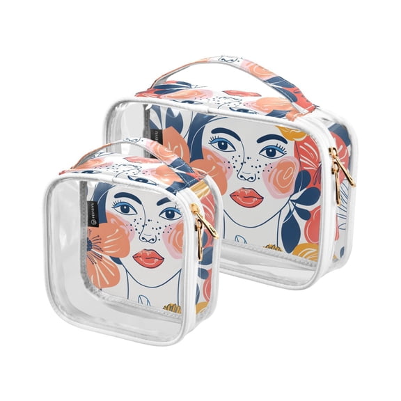 Girl at Flowers Clear Cosmetic Bags with Handles PVC Toiletry Bags Zipper Waterproof Portable for Traveling 2 Pcs