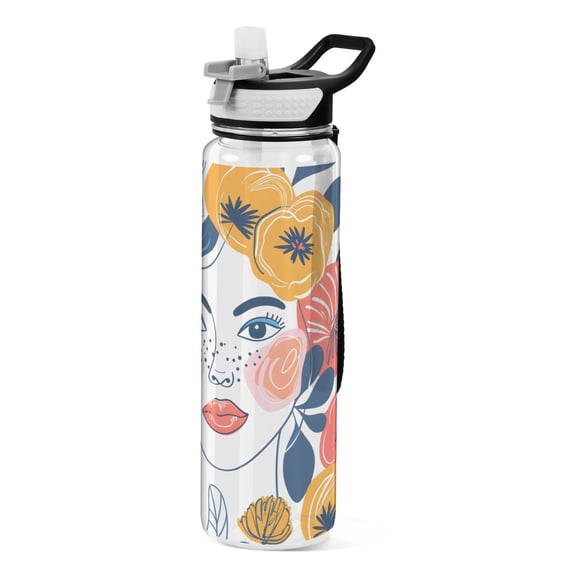 Girl at Flowers Sports Water Bottle Portable Travel Mug 32oz BPA Free Leak Proof Straw Transparent Tritan for Gym Yoga Cycling Camping