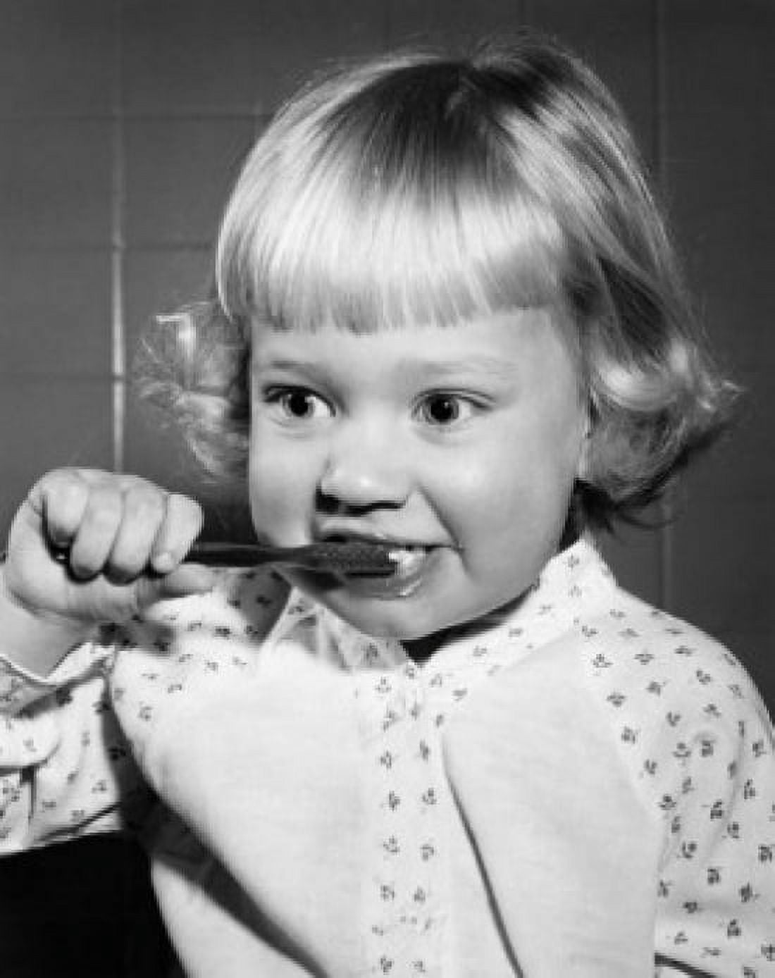 Girl brushing teeth Canvas Art - (24 x 36)