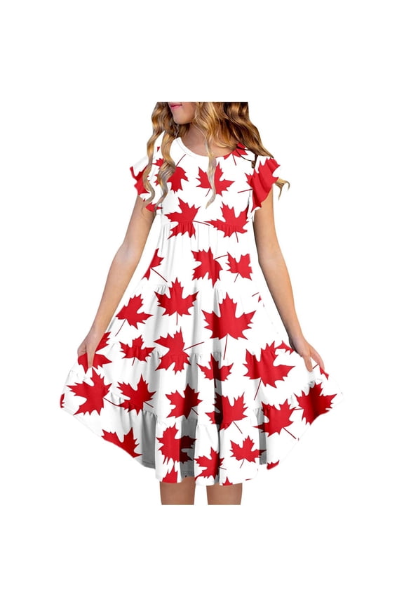 Girl dresses canada day floral dress red and white maple leaf print tiered a-line with flutter sleeves and pockets