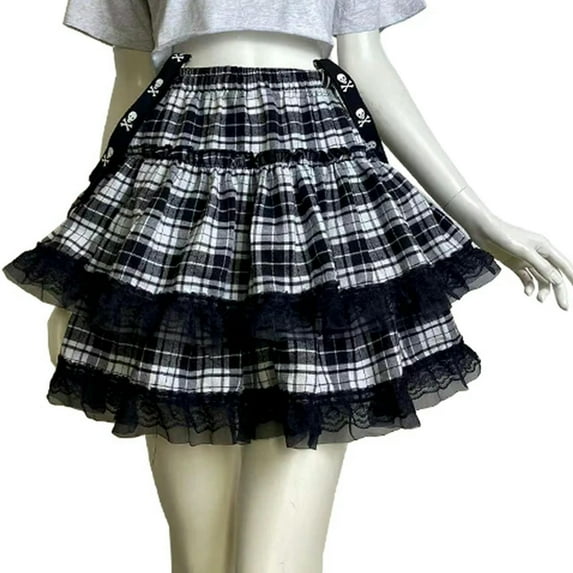 Girl elastic waist black and white street goth punk skirt sweet clothes striped goth plaid kawaii skirt-4-One Size