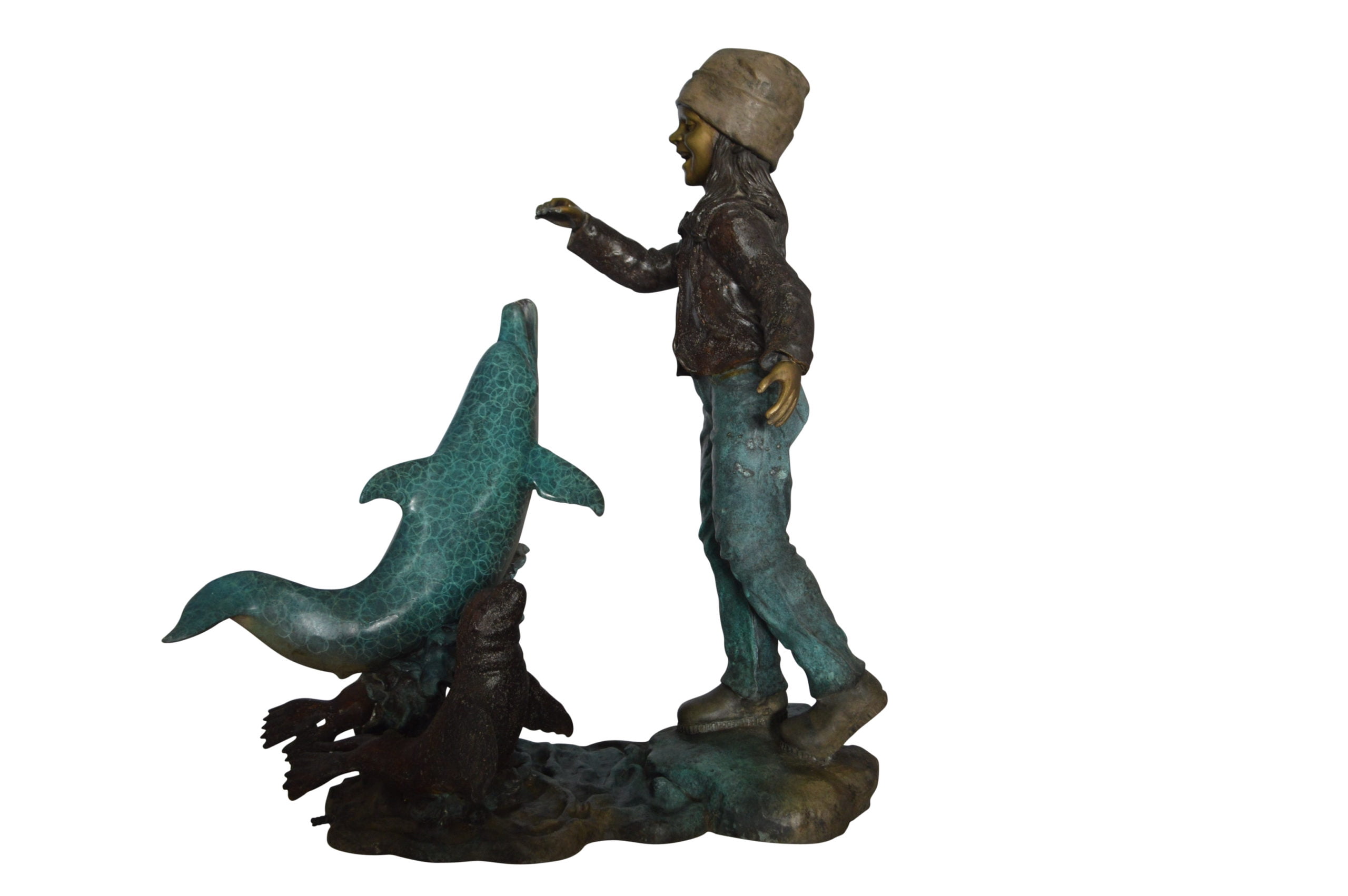 Nifao Girl feeding a dolphin and seals – Outdoor Bronze Fountain, Garden Water Feature, 28"L x 17"W x 37"H