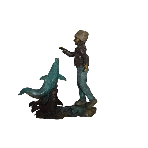 Girl feeding a dolphin and seals bronze fountain -  Size: 28"L x 17"W x 37"H.