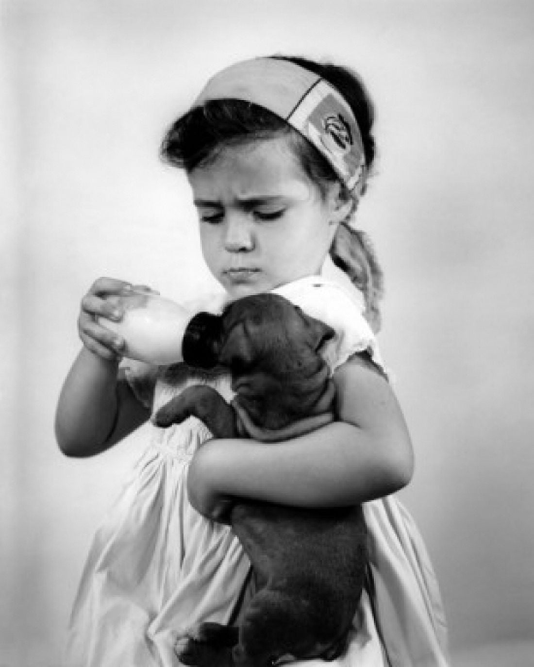 Girl feeding dog milk from bottle Canvas Art - (24 x 36)