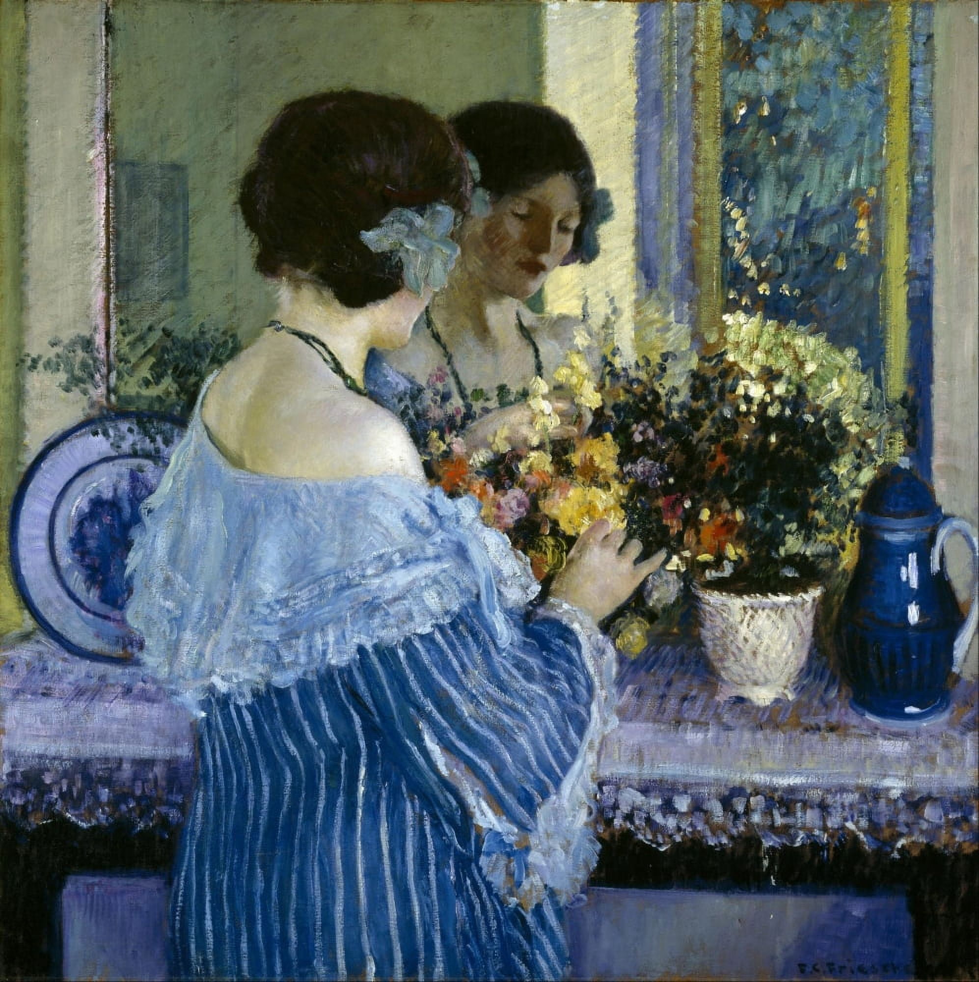 Girl in Blue arranging flowers Canvas Art - Frederick C Frieseke (24 x 36)