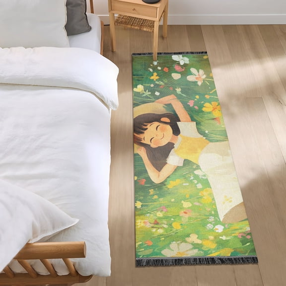 Girl in Flower Field Bedroom Runner Rug 2'x 6' Non Slip Carpet Indoor Home Area Rug Living Room